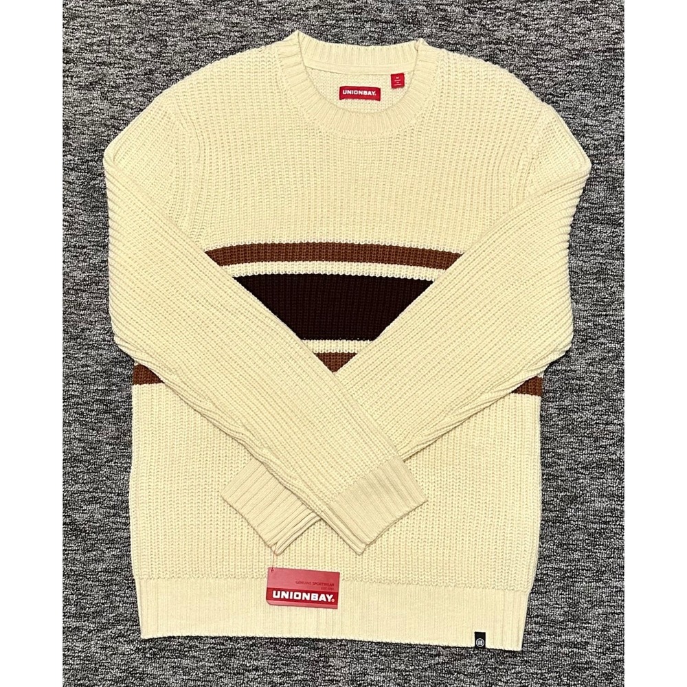 Unionbay Huxley Men M Vintage White Brown Striped Knit Crewneck Pullover Sweater